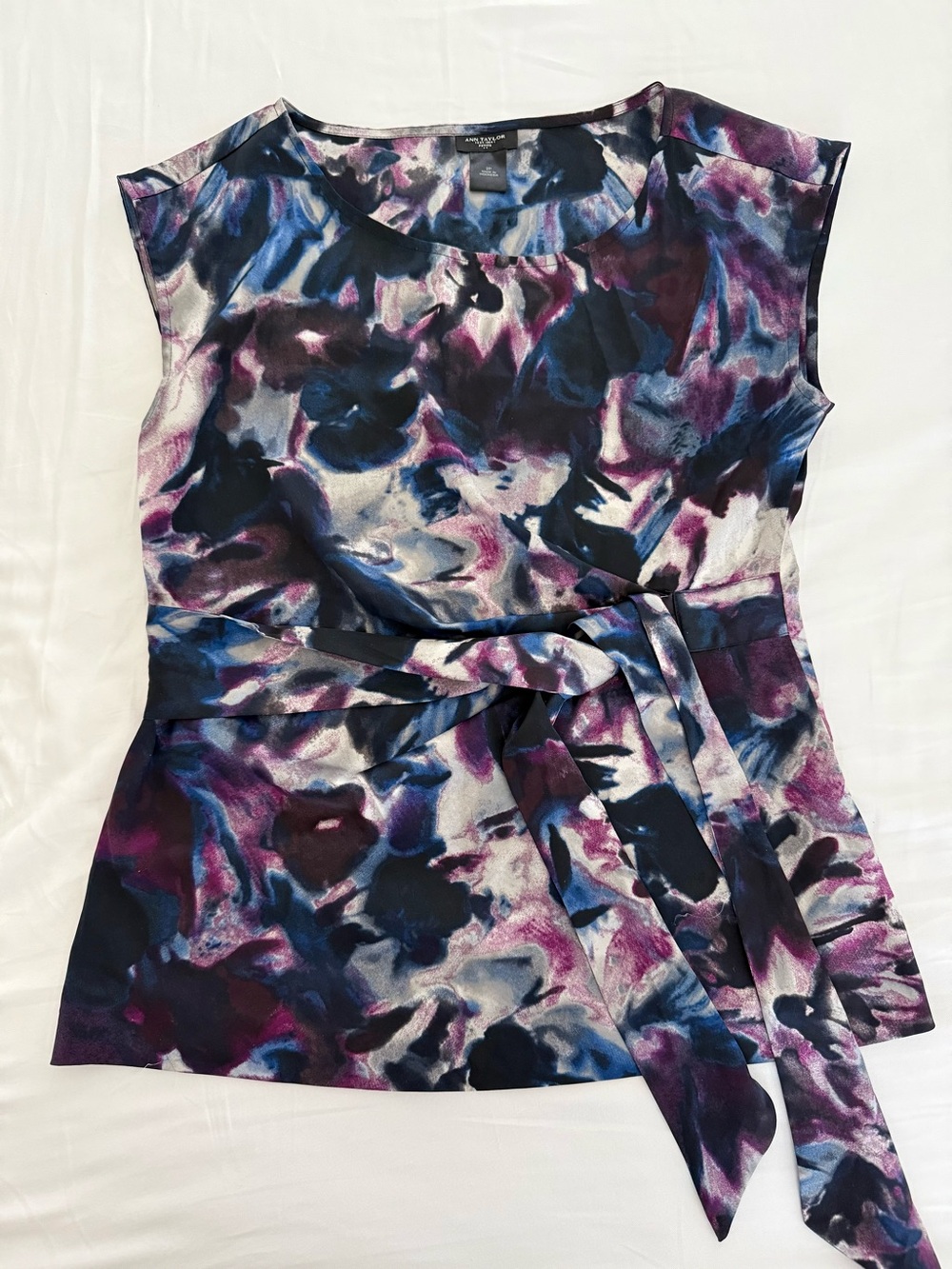 Ann Taylor Abstract Tie-Waist Cap Sleeve Blouse - Purple, Blue, White